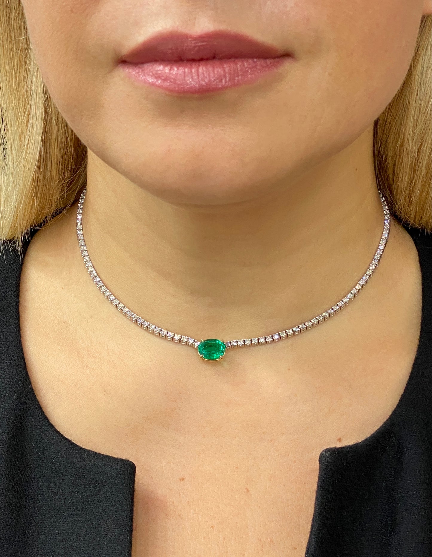 Emerald and Diamond Tennis Necklace in 14K White Gold