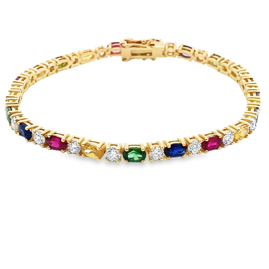 Multicolor Alternating Diamond and Sapphire Tennis Bracelet in 14K Yellow Gold