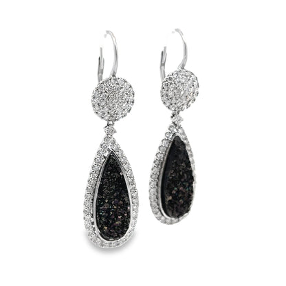 Pear-Shape Halo Black Druzy and Diamond Dangle Earrings in 14K White Gold