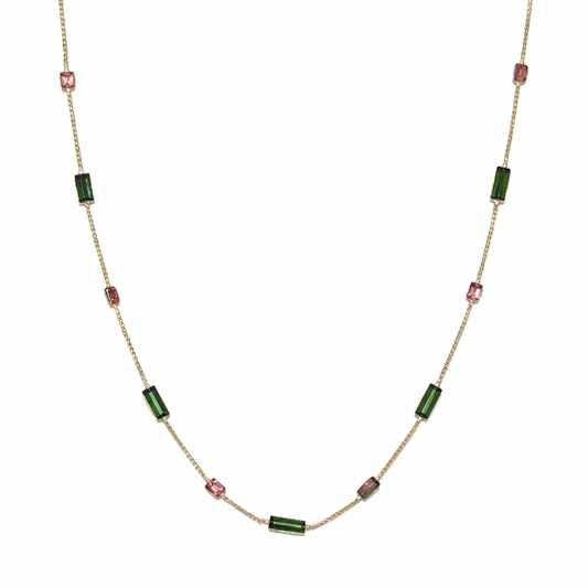 Pink and Green Tourmaline Station Necklace in 14K Yellow Gold