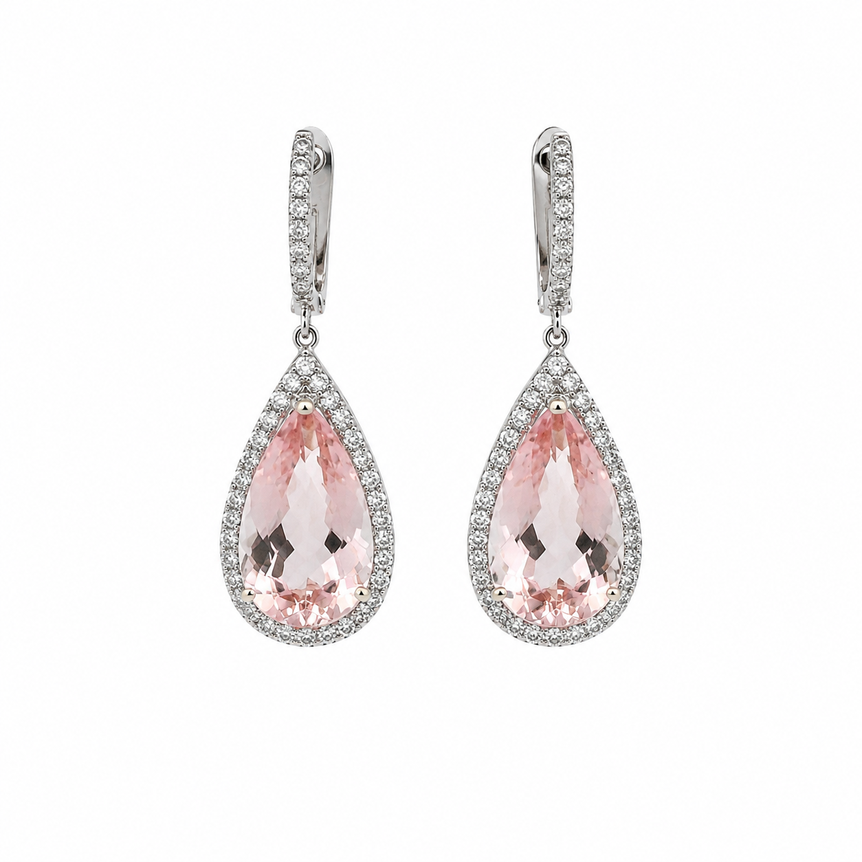 Morganite & Diamond Halo Drop Earrings in 14K White Gold
