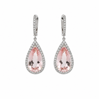 Morganite & Diamond Halo Drop Earrings in 14K White Gold