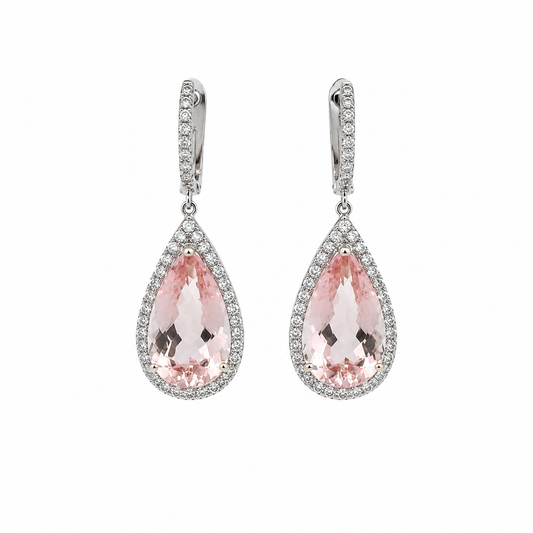 Morganite & Diamond Halo Drop Earrings in 14K White Gold