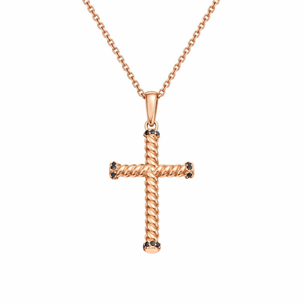 Black Diamond Bead Cross Pendant Necklace in 14K Rose Gold