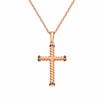 Black Diamond Bead Cross Pendant Necklace in 14K Rose Gold