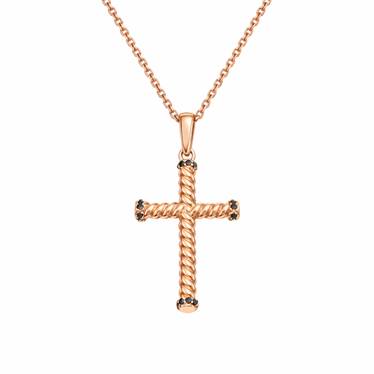 Black Diamond Bead Cross Pendant Necklace in 14K Rose Gold