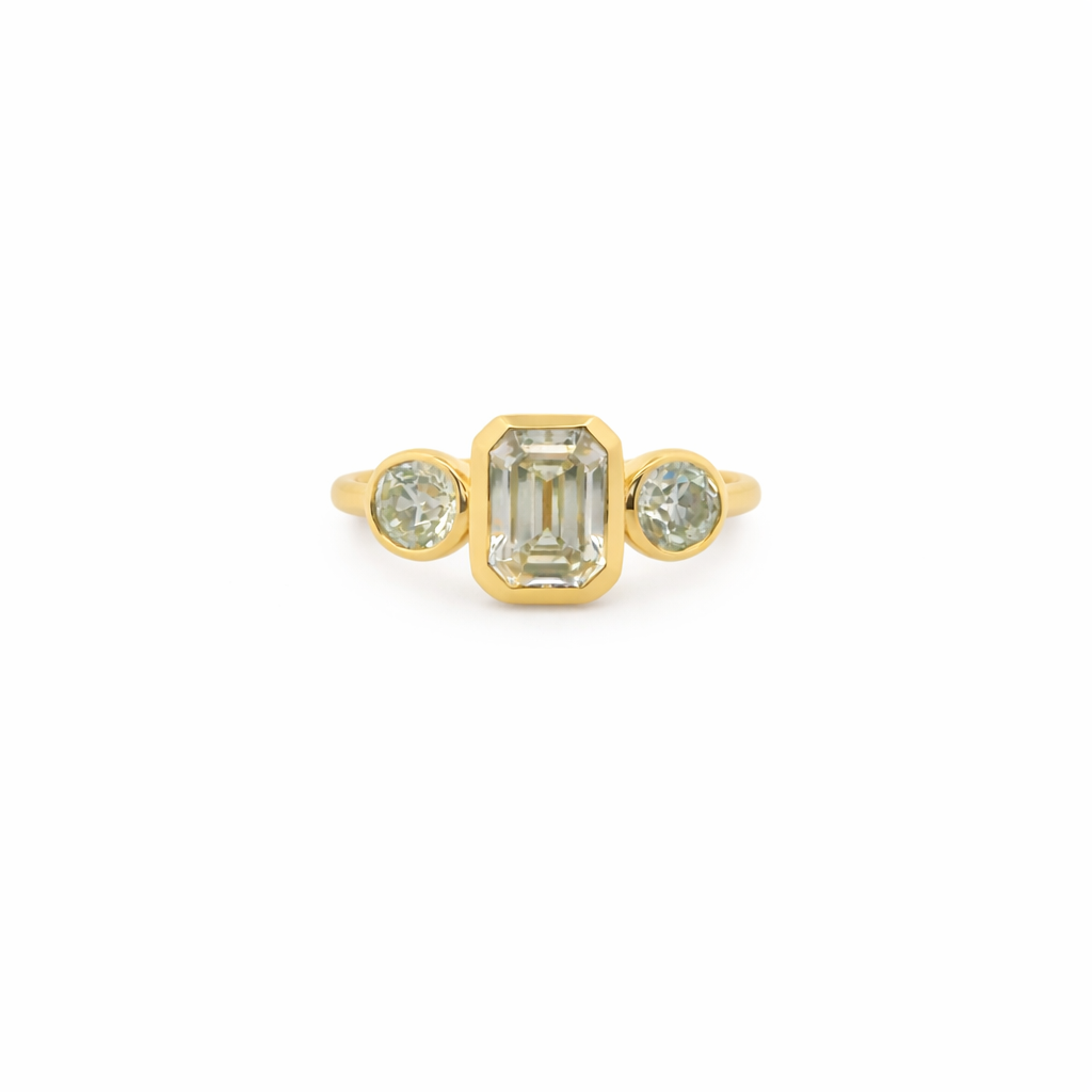 Three Stone Emerald Center Diamond Engagement Ring in 14K Yellow Gold