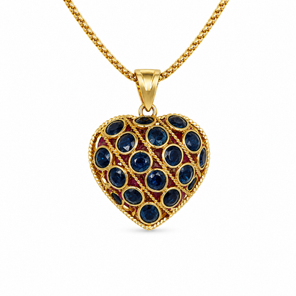 Ruby and Sapphire Puff Heart Pendant in 18K Yellow Gold