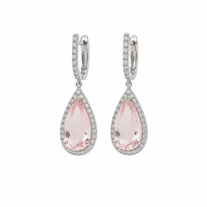 Morganite & Diamond Halo Drop Earrings in 14K White Gold