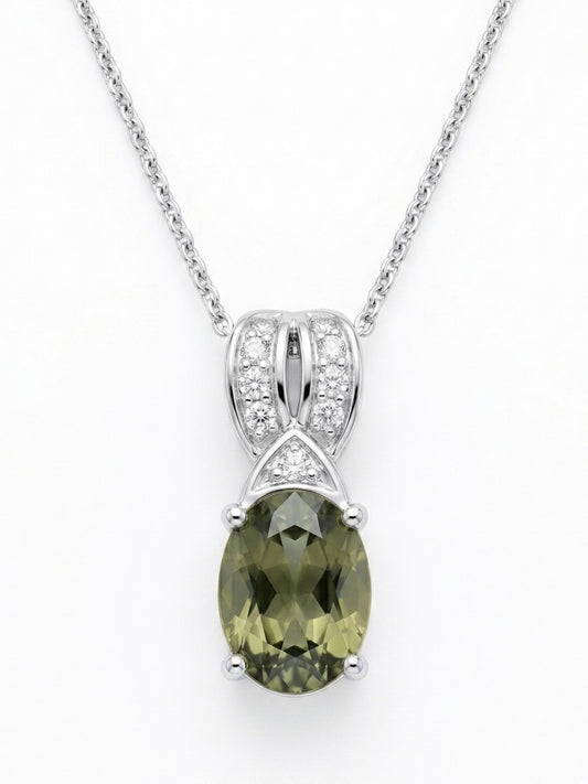 Oval-Cut Green Sapphire and Diamond Pendant in 14K White Gold