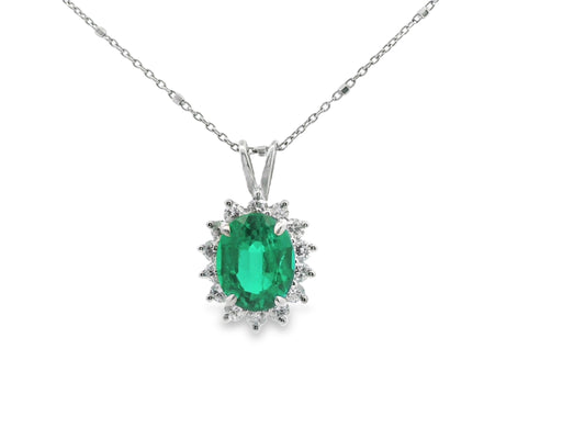 Floral Halo Design Emerald and Diamond Necklace in 14K White Gold