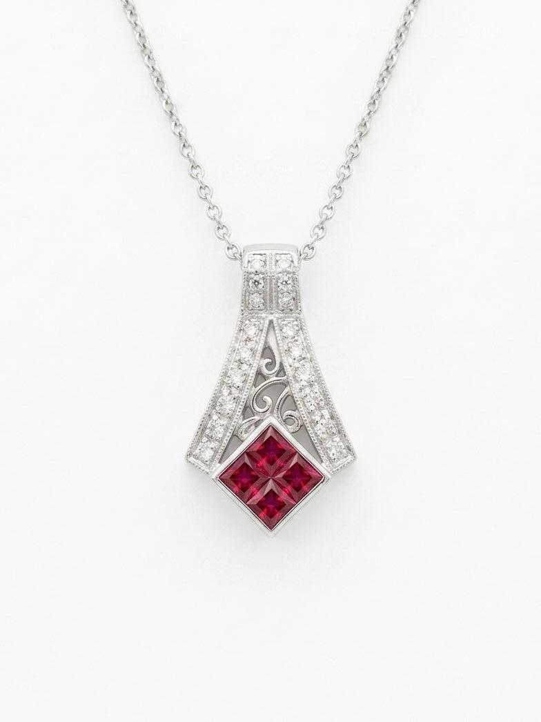 Red Ruby and Diamond Pendant in 14K White Gold