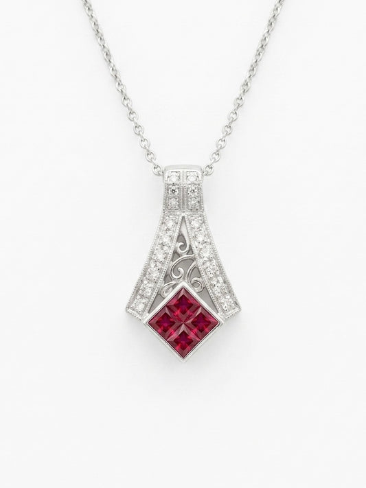 Red Ruby and Diamond Pendant in 14K White Gold