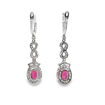 Ruby Lever back Dangle Earrings with Diamond Halo in 18K White Gold