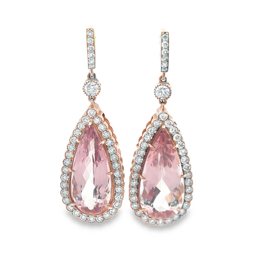 Pear-Shape Morganite Drop Earrings with Diamond Halo in 14K Rose Gold