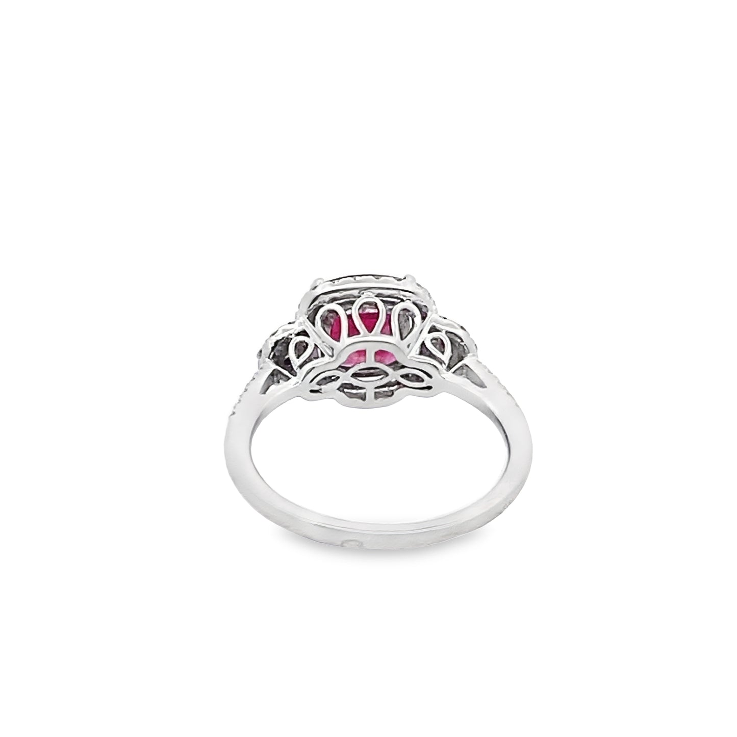 Halo Cushion-Cut Ruby and Round Brilliant-Cut Diamond Ring in 14K White Gold