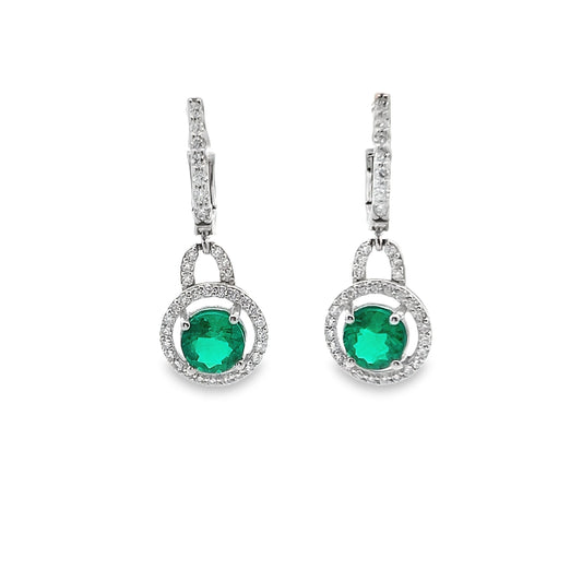 Emerald Leverback Dangle Earrings with Diamond Halo in 14K White Gold