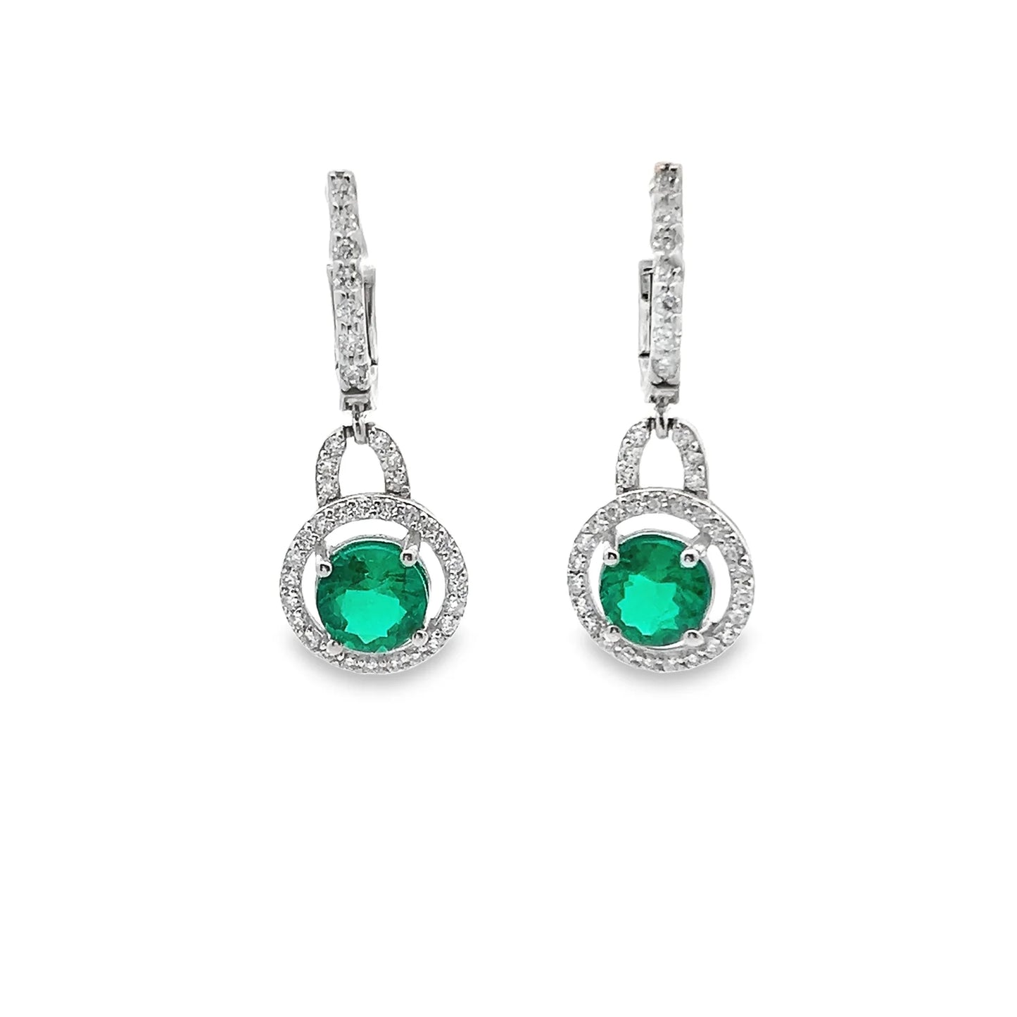 Green Emerald Dangle Earrings with Diamond Halo in 14K Gold