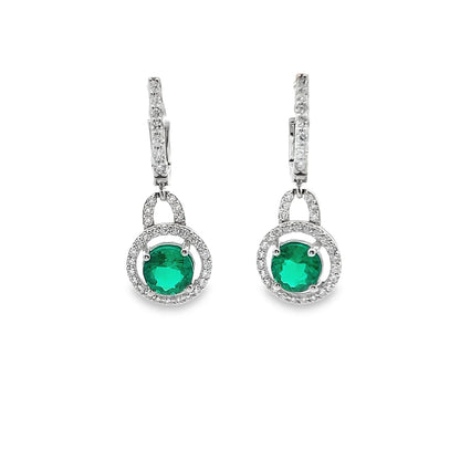 Green Emerald Dangle Earrings with Diamond Halo in 14K Gold