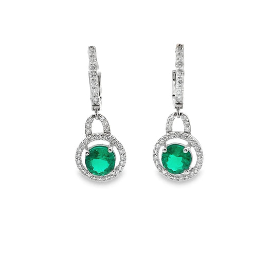 Green Emerald Dangle Earrings with Diamond Halo in 14K Gold