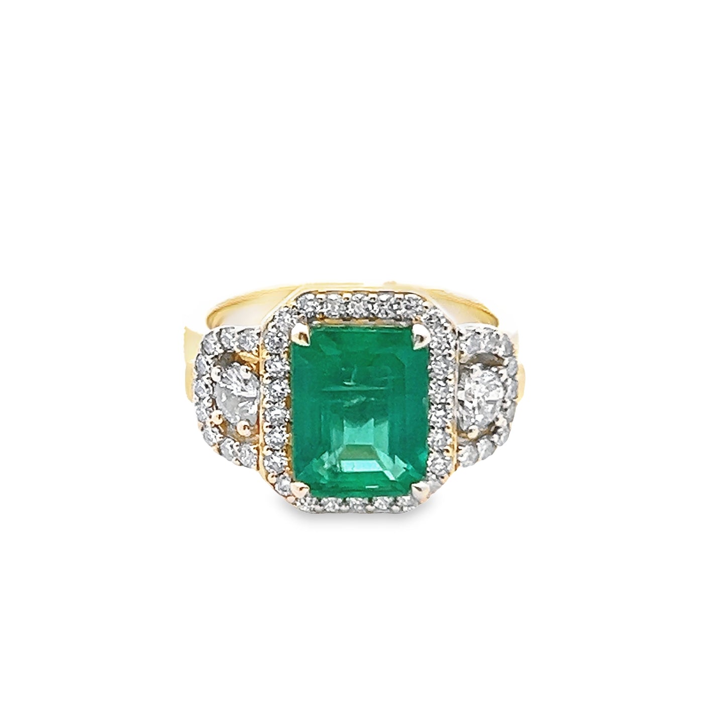 Emerald and Diamond Halo Ring in 14K Yellow Gold