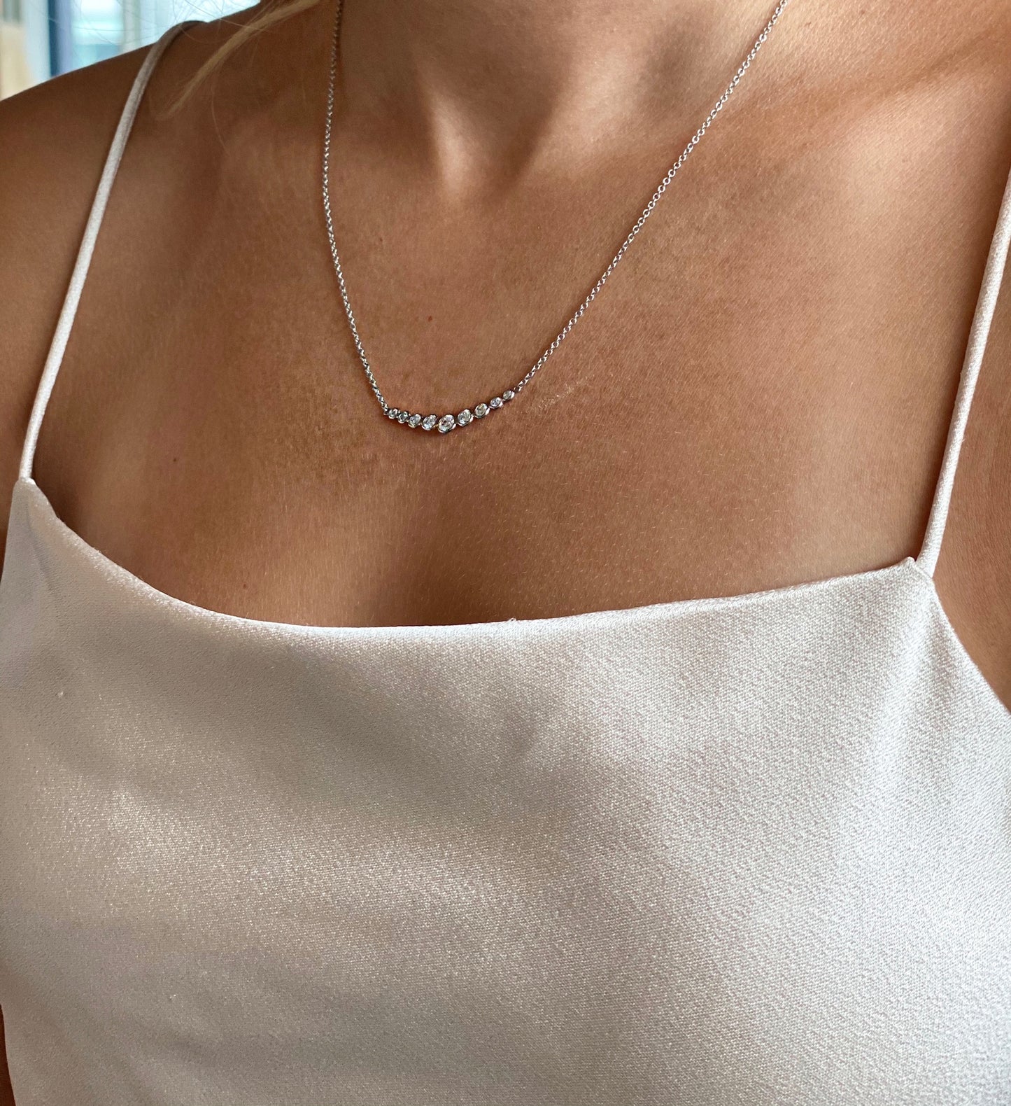 Graduated Curved Diamond Bar Necklace in 14K White Gold