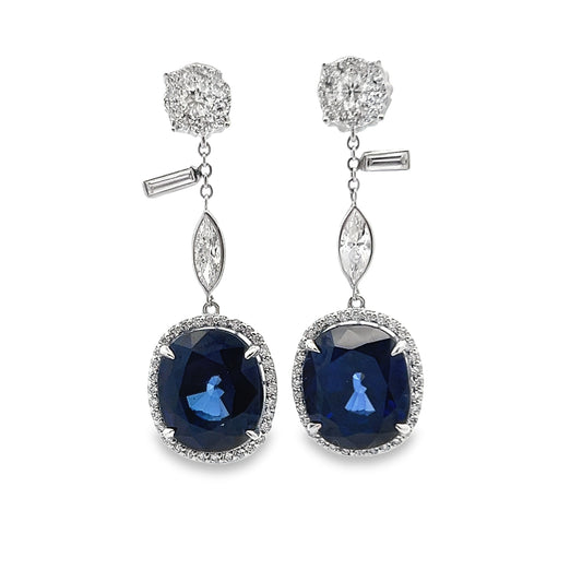 Blue Sapphire Dangle Earrings with Diamond Halo in 14K White Gold