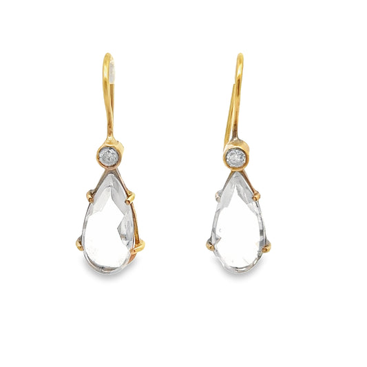 Teardrop Shape Natural Chrystal Drop Earrings with Diamond in 14K Yellow Gold