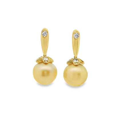 Golden Yellow Pearl & Diamond Drop Earrings in 14K Yellow Gold