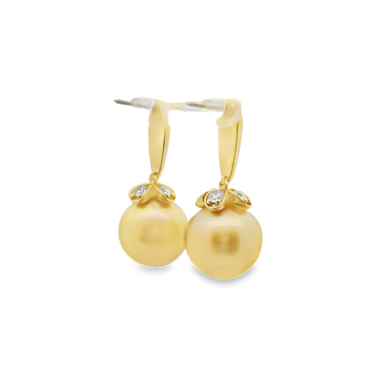 Golden Yellow Pearl & Diamond Drop Earrings – 14K Yellow Gold