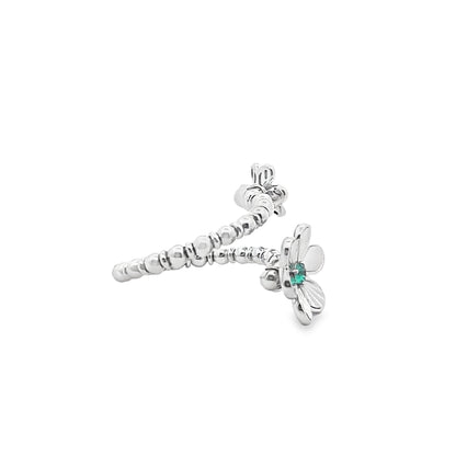 Beaded Double Flower Ring with an Emerald and Diamond Center in 14K White Gold