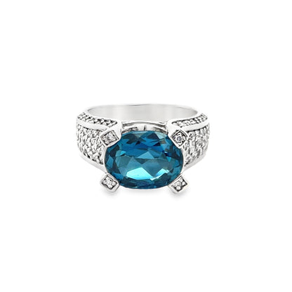 Blue Topaz and Diamond Ring in 14K White Gold