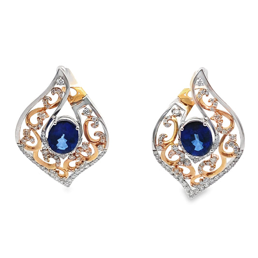 Two Tone Sapphire and Diamond Statement Earrings in 14K White and 14K Yellow Gold