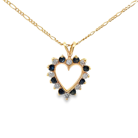 Heart Shape Sapphire and Diamond Pendant Necklace in 14K Yellow Gold