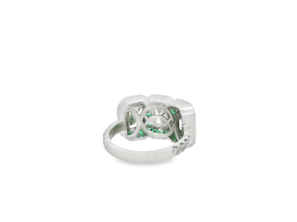Green Emerald and Diamond Emerald-Cut Three Stone Heirloom Statement Ring
