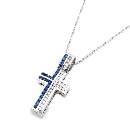 Sapphire and Diamond Cross Pendant Necklace in 14K White Gold