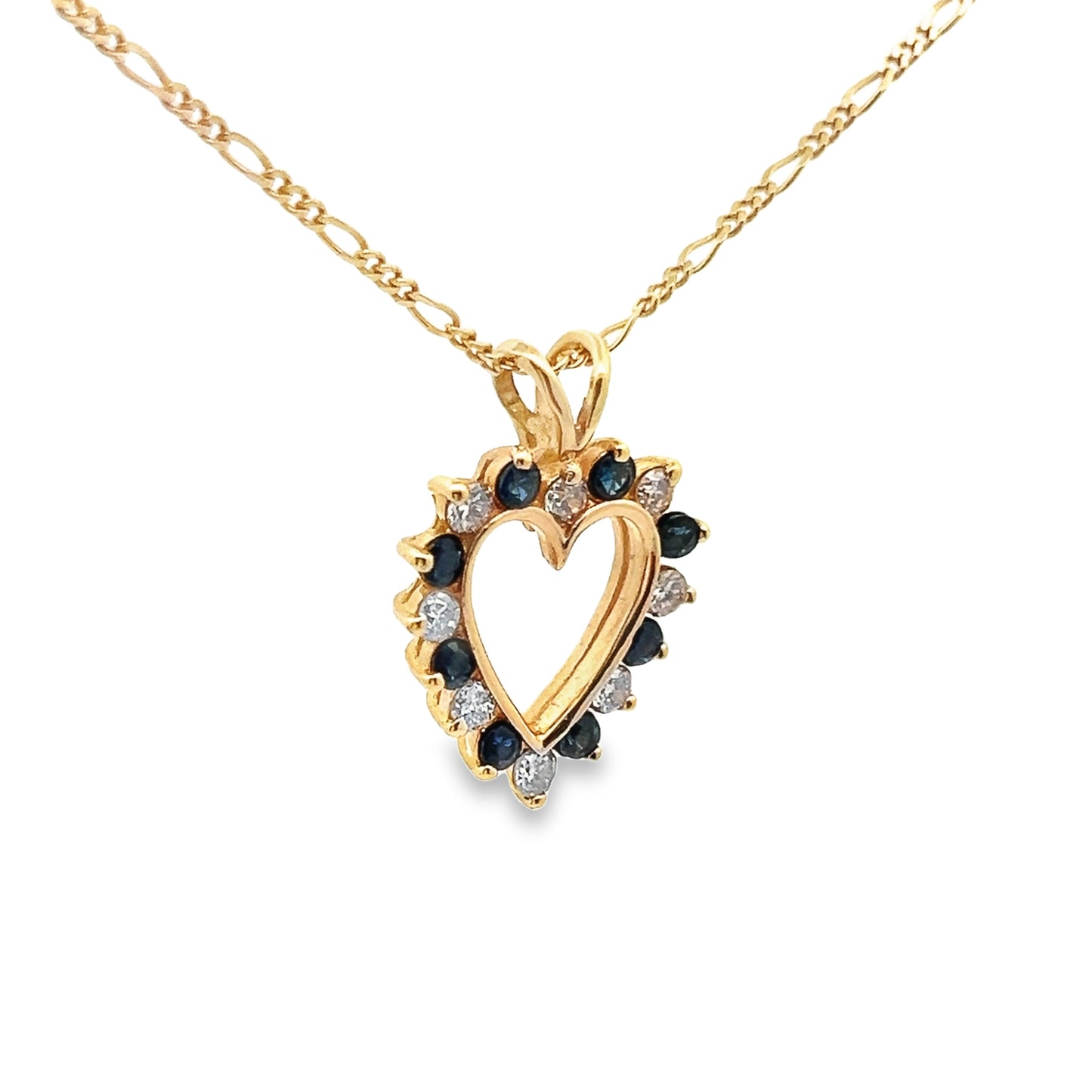 Heart Shape Sapphire and Diamond Pendant Necklace in 14K Yellow Gold