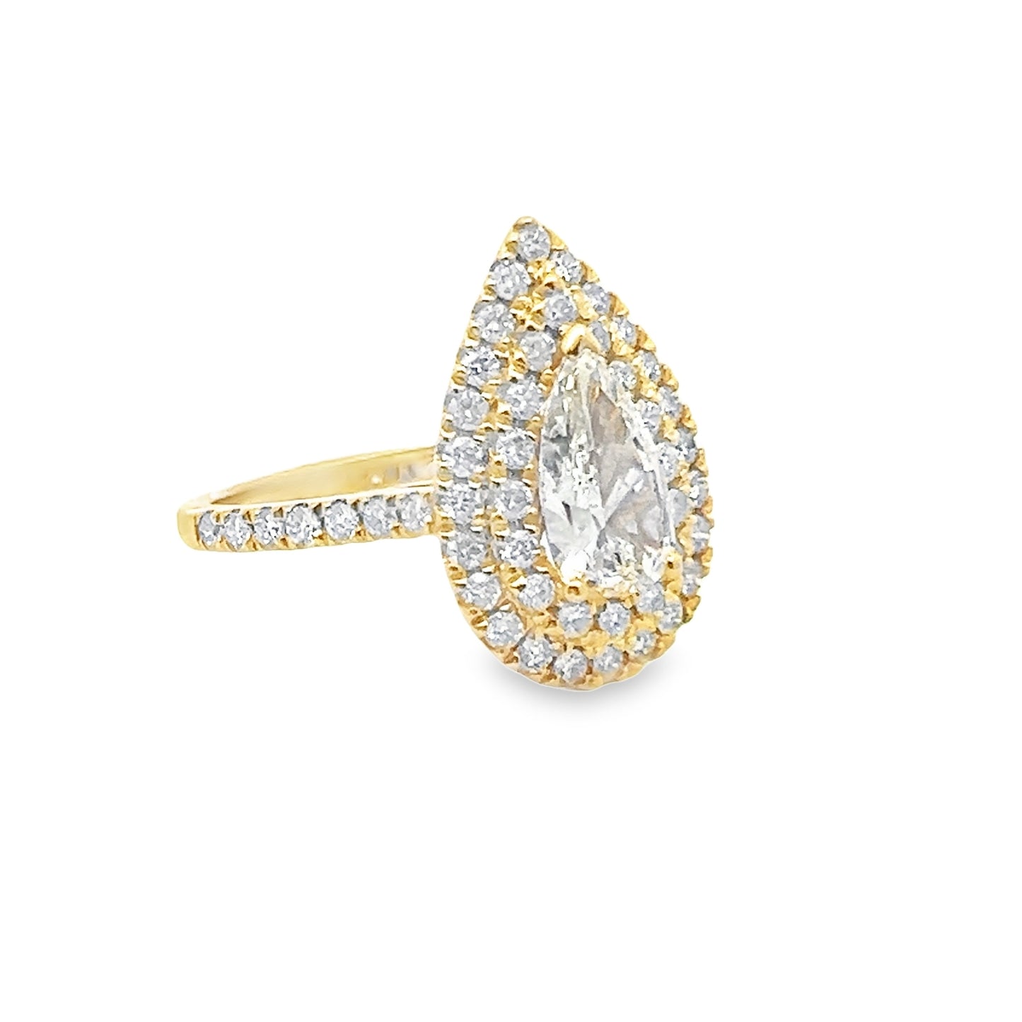 Pear Shaped Double Halo Diamond Engagement Ring in 14K Yellow Gold