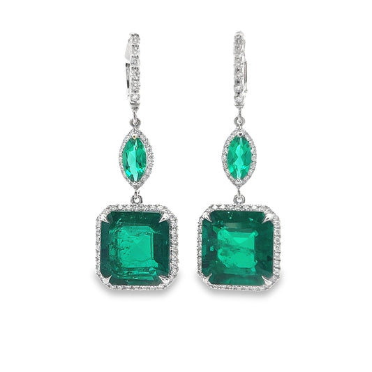 Emerald Lever Back Dangle Earrings with Diamond Halo in 14K White Gold