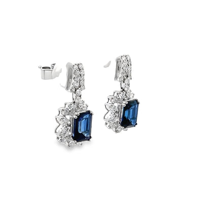 Blue Sapphire Drop Earrings with Diamond Halo in 18K White Gold