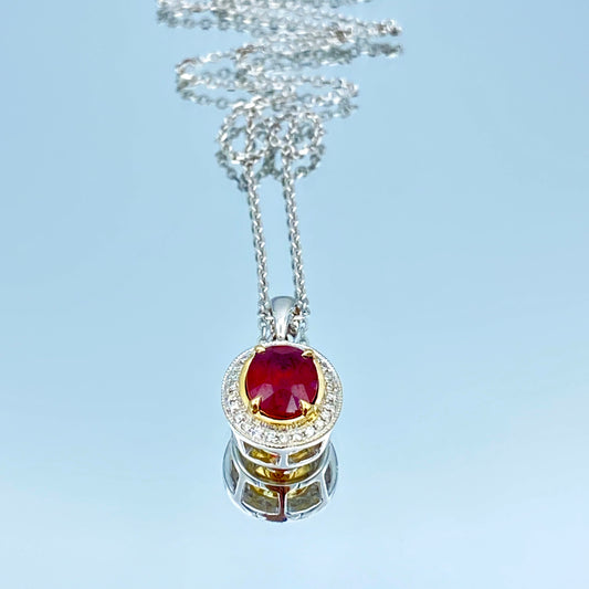 Ruby Pendant Necklace with a Diamond Halo in 14K White Gold - L and L Jewelry