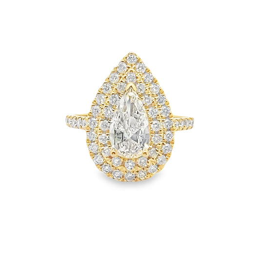 Pear Shaped Double Halo Diamond Engagement Ring in 14K Yellow Gold