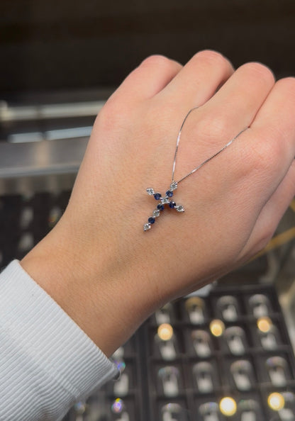 Sapphire and Diamond Shared Prong Cross in 14K White Gold