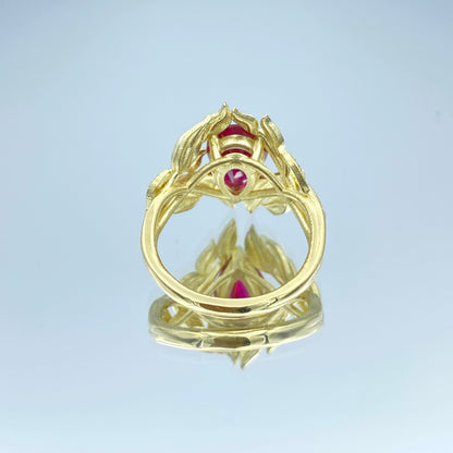 Floral Design Pear Shape Ruby Ring in 18K Yellow Gold - L and L Jewelry