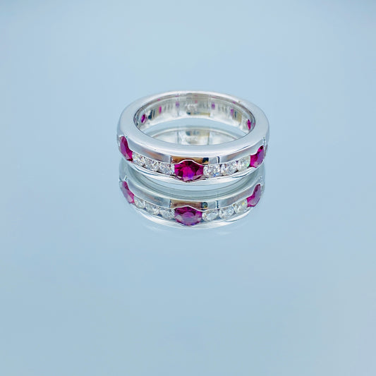 Channel Set Alternating Round-Cut Ruby and Diamond band Ring in 14K White Gold - L and L Jewelry