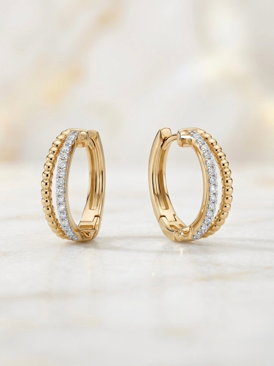 Double Row Beaded Diamond Huggies in 14K Yellow Gold