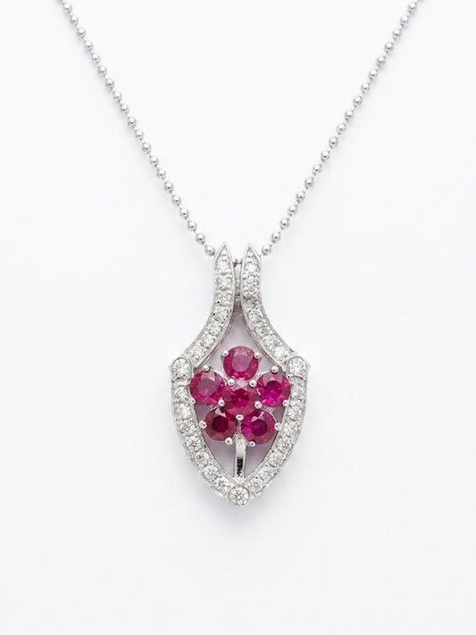 Ruby and Diamond Floral Pendant in 14K White Gold