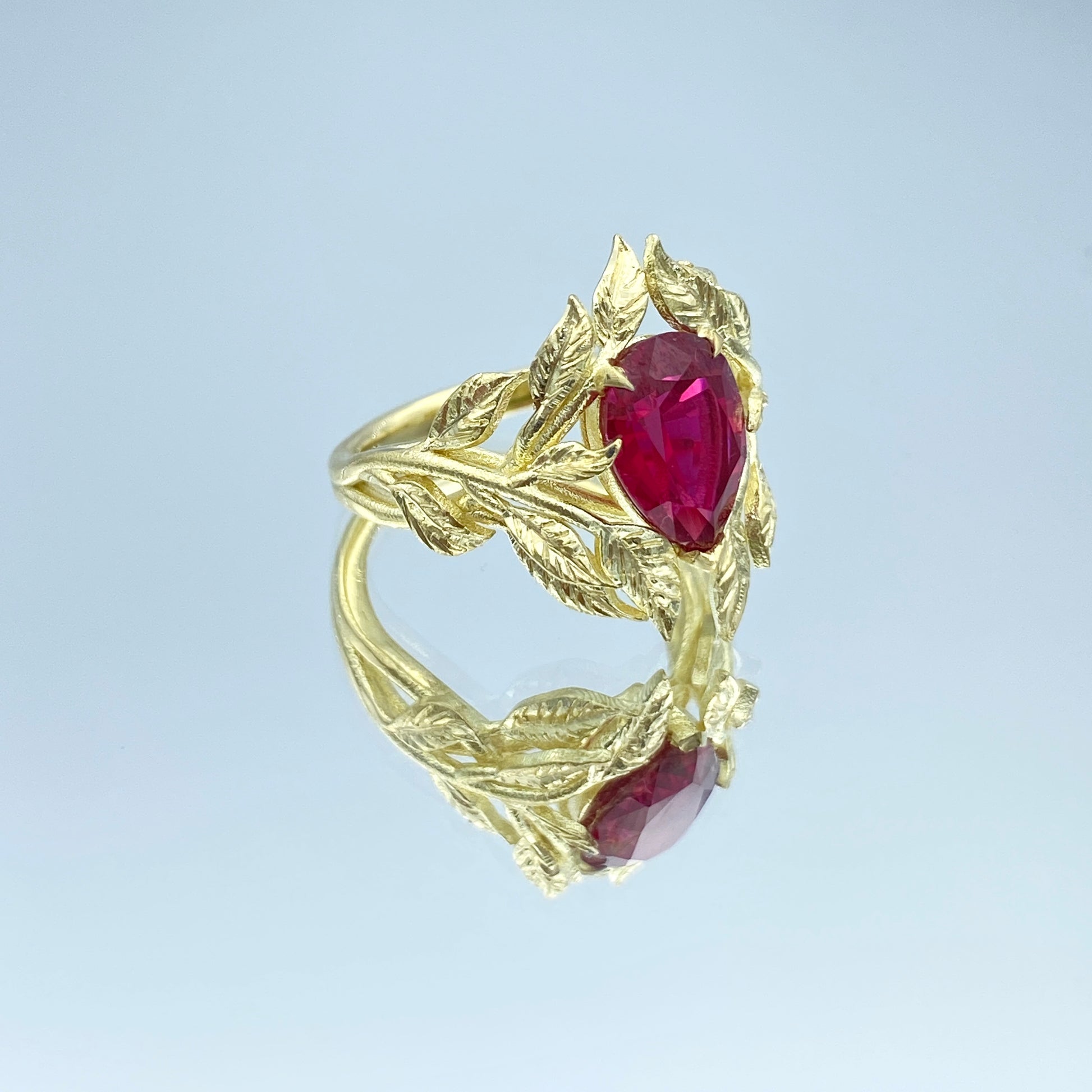 Floral Design Pear Shape Ruby Ring in 18K Yellow Gold - L and L Jewelry