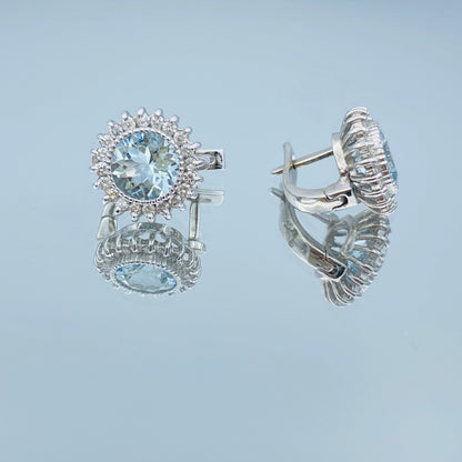 Halo Round Brilliant Aquamarine and Diamond Earrings in 14K White Gold - L and L Jewelry