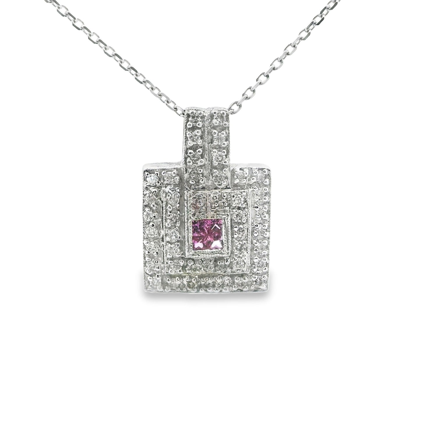 Vintage Style Square Diamond and Pink Sapphire Pendant in 14K White Gold